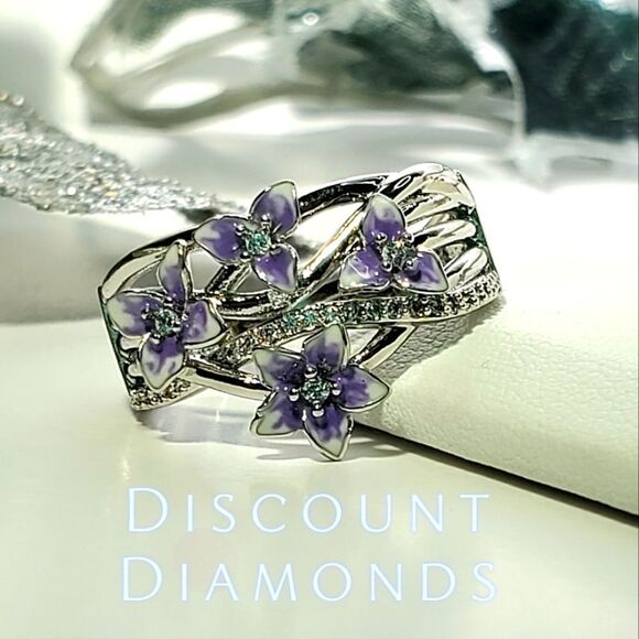 Violet (Purple) Flower Clear / White Diamond Ring on 925 Sterling Silver - Picture 1 of 8